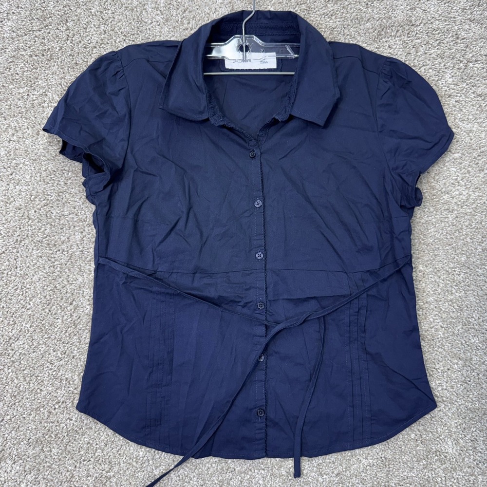 Hollister Top Womens Medium Navy Blue Empire Waist Button Down EUC